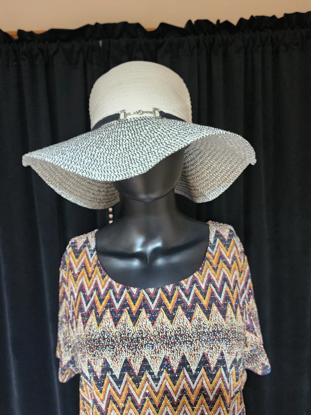 Wide Brim Black White Straw Sun Hat Equestrian Bit Detail Floppy Hat S/M